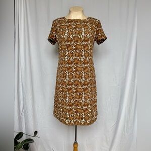 VTG 70s Eaton Essentials Brown Art Deco Print Dress - S